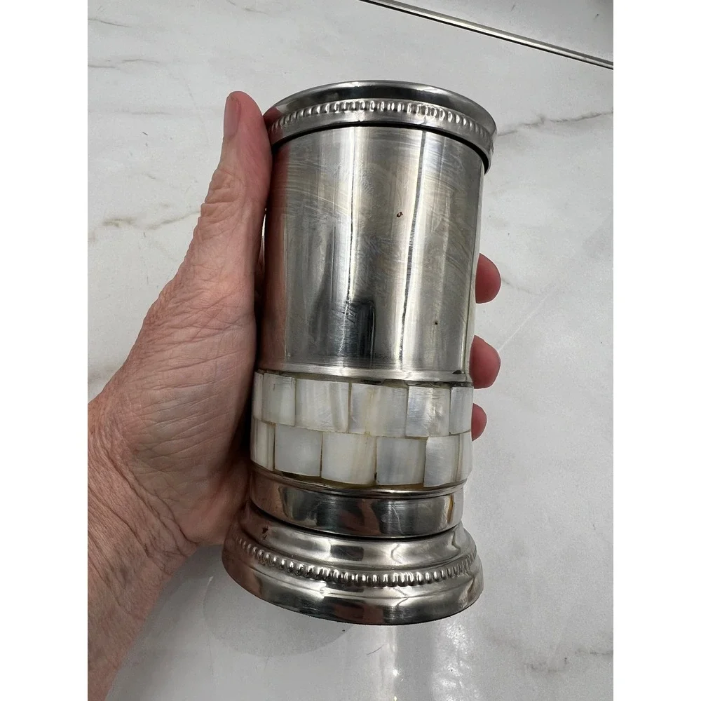 Toothbrush Holder 4 Slot Bath Silver Tone Mother of Pearl Vanity Decor